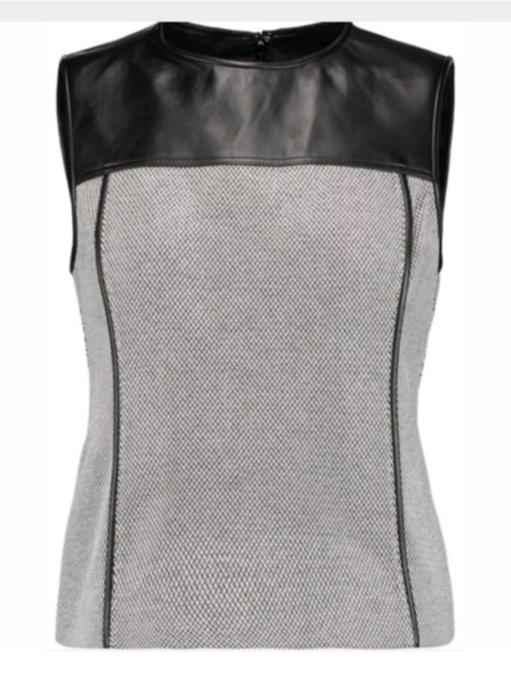 Theory Sleeveless Top 8 Black Soft Knit Genuine Lamb Leather Piping Mixed Media